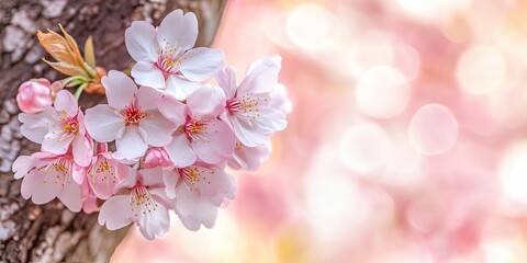 Fototapete - Delicate close-up of cherry blossoms in soft pink tones on a tree trunk with blurred pastel background leaves ample copy space on the right side