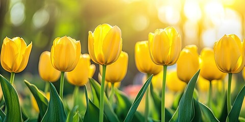 Leinwandbilder - Vibrant yellow tulips stand tall under soft sunlight on a bright spring day with green leaves creating a lush natural background.