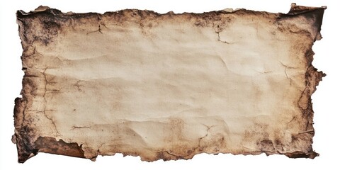 Fototapete - Aged parchment texture featuring tattered edges and a warm, beige tone on the left side with dark brown burn marks along the edges.