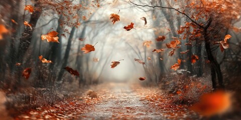 Fototapete - Serene forest pathway with blurred backdrop showcasing vibrant brown leaves swirling in the air creating an enchanting autumnal scene