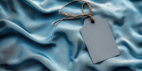 Poster - Blank grey tag with a hole and twine lying on light blue silky fabric, creating a soft and elegant background for text placement.