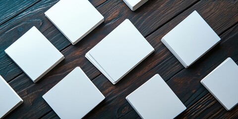 Poster - Blank white business cards arranged on a dark wooden surface creating a clean and minimalist layout ideal for branding or advertising concepts.