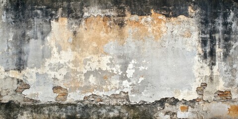 Wall Mural - Worn aged wall texture featuring cracked paint in gray, beige, and orange hues with uneven surface, central focus on peeling layers and weathered look.