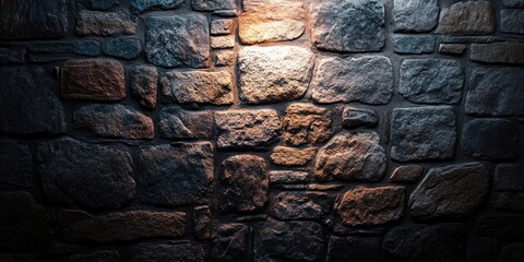 Wall Mural - Dark stone wall texture with uneven surfaces and shadows, illuminated by warm light from the top left corner, creating depth and contrast.