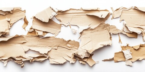 Fototapete - Shredded cardboard strip with torn edges and varying textures against a clean white backdrop showcasing neutral tones and organic forms