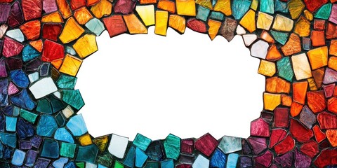 Aufkleber - Colorful mosaic frame with vibrant red, orange, yellow, green, and blue tiles arranged in irregular patterns surrounding a blank white space at center.