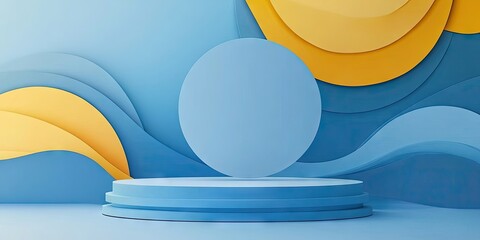Poster - Abstract blue and yellow layered backgrounds with circular podiums and waves creating a vibrant modern display for product presentations.
