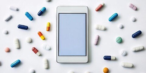 Poster - Isolated digital tablet with blank screen surrounded by colorful medical capsules on a clean white background creating ample copy space for text