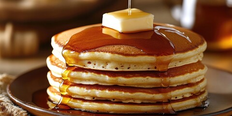 Wall Mural - Freshly stacked golden pancakes topped with a melting pat of butter and drizzled with maple syrup on a rustic wooden table setting.