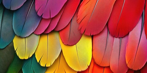 Leinwandbilder - Vibrant and colorful array of overlapping feathers in shades of red, yellow, green, and blue arranged in a seamless pattern.