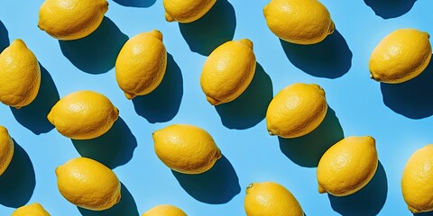 Poster - Vibrant yellow lemons scattered on a bright blue background, casting soft shadows, ideal for fresh, summery design with ample copy space.