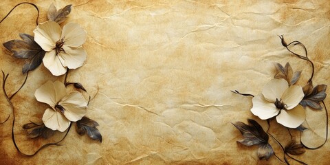 Leinwandbilder - Vintage textured paper background in brown tones with light cream flowers and dark leaves positioned on the left and right edges.