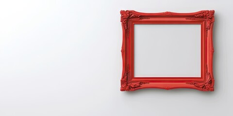 Fototapete - Red ornate picture frame on a minimalistic white wall positioned to the right, creating space for potential artwork in the center.