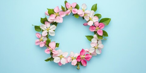 Leinwandbilder - Pastel floral wreath on a light blue background featuring pink and white flowers with green leaves arranged in a circular design.