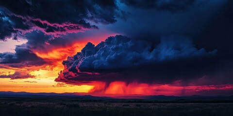 Poster - Dramatic sunset with large dark cloud in vibrant sky shades of orange pink and purple contrasting against distant mountains with rain visible.