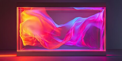 Fototapete - Vibrant flowing fabric in shades of orange, pink and purple creating dynamic waves inside a translucent display case on a dark background