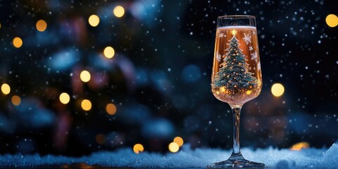 Poster - Champagne glass with a Christmas tree design illuminated by warm lights against a dark background, surrounded by soft snowflakes and bokeh effects.