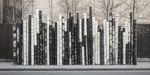 Poster - Abstract urban installation featuring tall black and white vertical columns arranged in varying heights against a muted backdrop of bare trees.