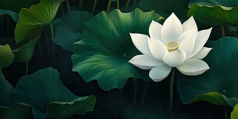 Fototapete - Elegant white lotus flower with yellow center surrounded by lush green leaves in a serene dark background, creating a tranquil natural scene.