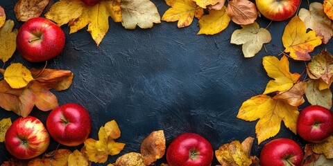 Aufkleber - Colorful autumn foliage with vibrant red apples arranged in a border on a textured dark background creating a seasonal harvest theme.