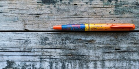 Poster - Vibrant colorful pen resting on weathered rustic wooden surface with ample negative space surrounding it ideal for creative text placement