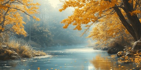 Fototapete - Serene autumn river landscape with golden foliage reflecting in calm waters surrounded by misty background ideal for nature-themed designs