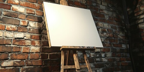 Aufkleber - Wooden easel holding blank canvas stands near textured brick wall painted in muted browns and reds with wooden support located centrally in the frame