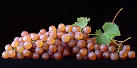 Fototapete - Golden amber grape clusters with green leaves elegantly arranged on a deep black background, highlighting their rich color and texture.