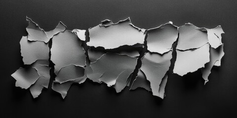 Leinwandbilder - Collection of ripped gray paper pieces arranged horizontally on a black background showcasing texture and contrast ideal for creative design projects