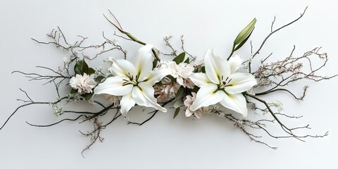 Poster - Stunning white lilies and delicate branches arranged harmoniously against a soft light backdrop, creating an elegant floral composition.