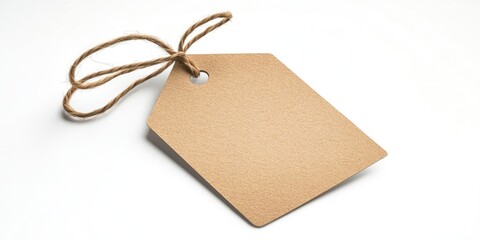 Poster - Blank brown label tag with string on a bright white background positioned at a slight angle for a minimalist design ideal for gift or price tagging.