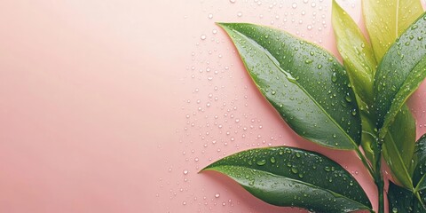 Wall Mural - Fresh green leaves with water droplets on a soft pink background, showcasing vibrant textures and natural beauty in a clean composition.