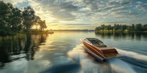 Aufkleber - Serene sunset on a lake with a wooden speedboat gliding through calm waters surrounded by lush green trees and a colorful sky.