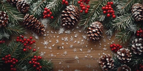 Poster - Festive Christmas backdrop featuring green fir branches pine cones red berries and snowflakes on a textured wooden surface in a cozy arrangement