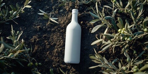 Poster - Aerial view of a white bottle resting on dark soil surrounded by green olive branches and leaves creating a natural and earthy atmosphere