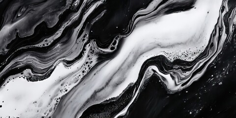Leinwandbilder - Abstract black and white fluid art background featuring swirling patterns and dynamic lines, with contrast between deep blacks and bright whites.