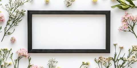 Poster - Black wooden frame centered against a white background with scattered flowers in soft pink and yellow hues creating a delicate, inviting atmosphere