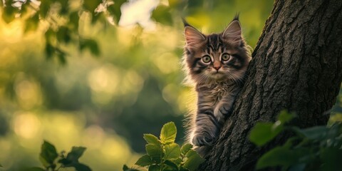 Poster - Playful Maine Coon kitten resting on a tree branch surrounded by lush green leaves in a vibrant summer forest with soft golden sunlight.