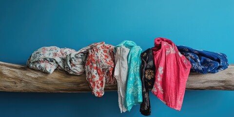 Leinwandbilder - Colorful garments draped on a textured wooden log against a vibrant blue background showcasing a mix of patterns and rich hues