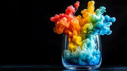 Poster - Colorful ink mixing in a glass, creating vibrant patterns against dark background, used for artistic imagery