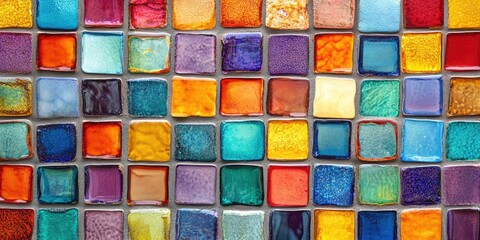 Aufkleber - Vibrant abstract mosaic background showcasing a grid of colorful glass and ceramic tiles in various shades of blue, orange, purple, and yellow.