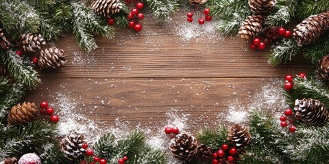 Poster - Festive Christmas backdrop with fir trees, red berries, and pine cones arranged on a wooden surface dusted with snow in an aesthetic design.