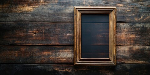 Poster - Aged wooden picture frame centered on dark rustic wooden background enhancing its vintage charm with rich brown tones and textures
