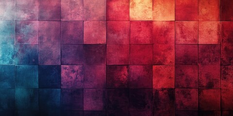 Poster - Colorful textured abstract wall with a gradient of red, orange, purple and blue square tiles arranged evenly in a horizontal pattern.