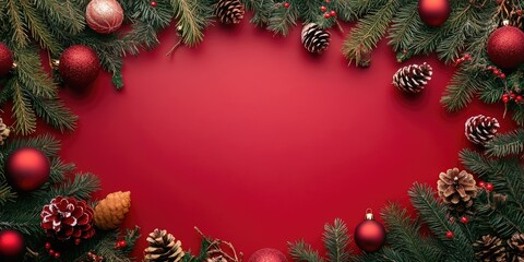 Poster - Festive Christmas border with deep red background featuring pine branches, red and gold ornaments, pine cones, and berries arranged artistically.