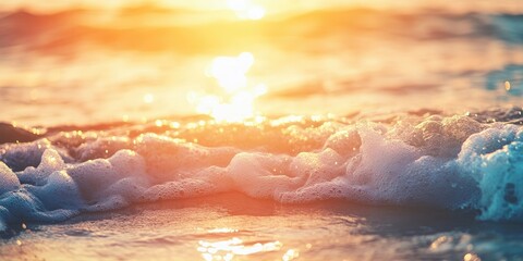 Poster - Golden sunset over gentle ocean waves with soft splashes in the foreground creating a serene and tranquil beach atmosphere.