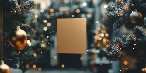 Poster - Brown greeting card hanging in the foreground with Christmas tree branches and golden ornaments creating a festive bokeh background with lights.