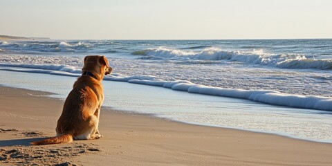 Fototapete - A golden retriever sitting on sandy beach during sunset gazing at gentle waves reflecting soft golden hues creating a peaceful serene atmosphere