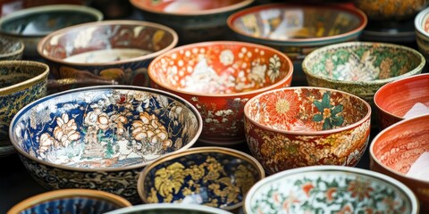 Aufkleber - Vibrant collection of ornate ceramic bowls in various colors like red blue and green arranged closely together on a rustic surface