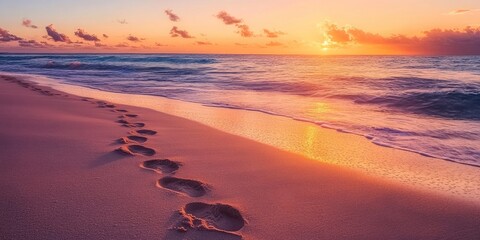 Fototapete - Footprints leading to a serene beach at sunset with vibrant orange and purple skies reflecting on gentle waves and golden sand shoreline.